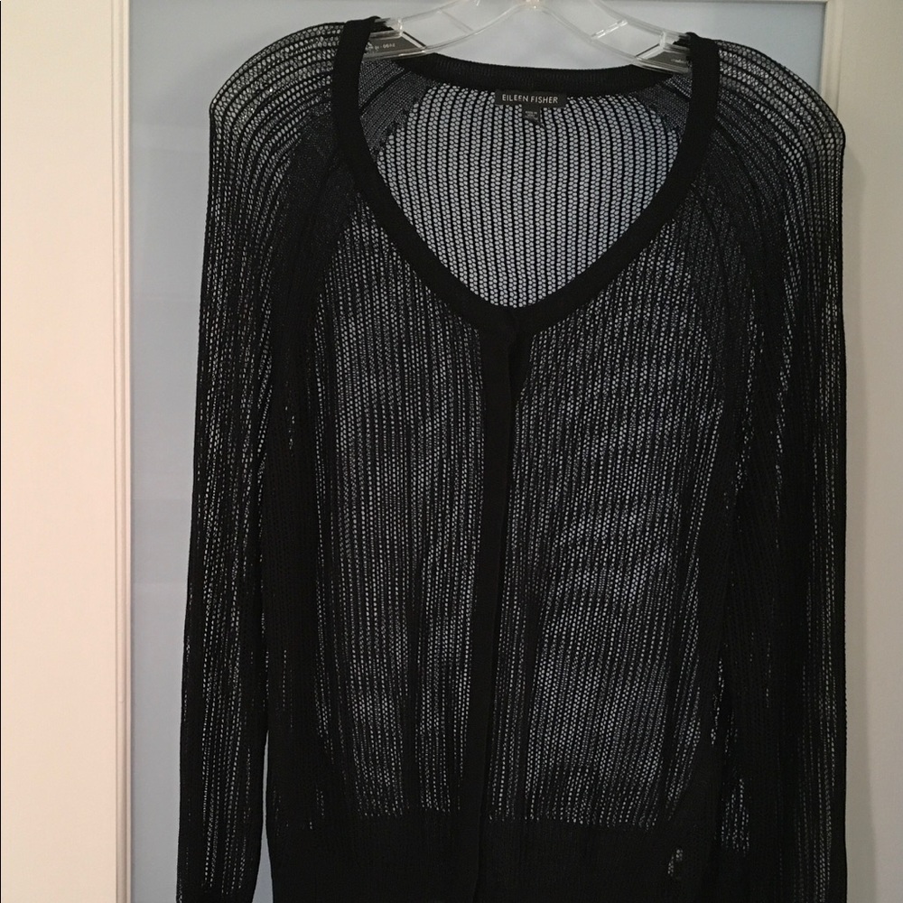 Eileen Fisher black sheer cotton front snap cardig
